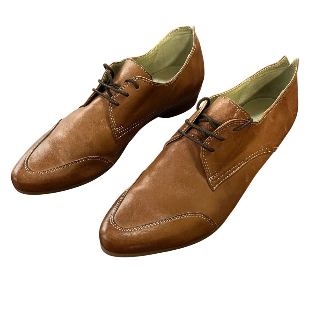 Mentha Womens Brown Leather Lace Up Oxford Flats Made in Portugal Size 38 NWOT